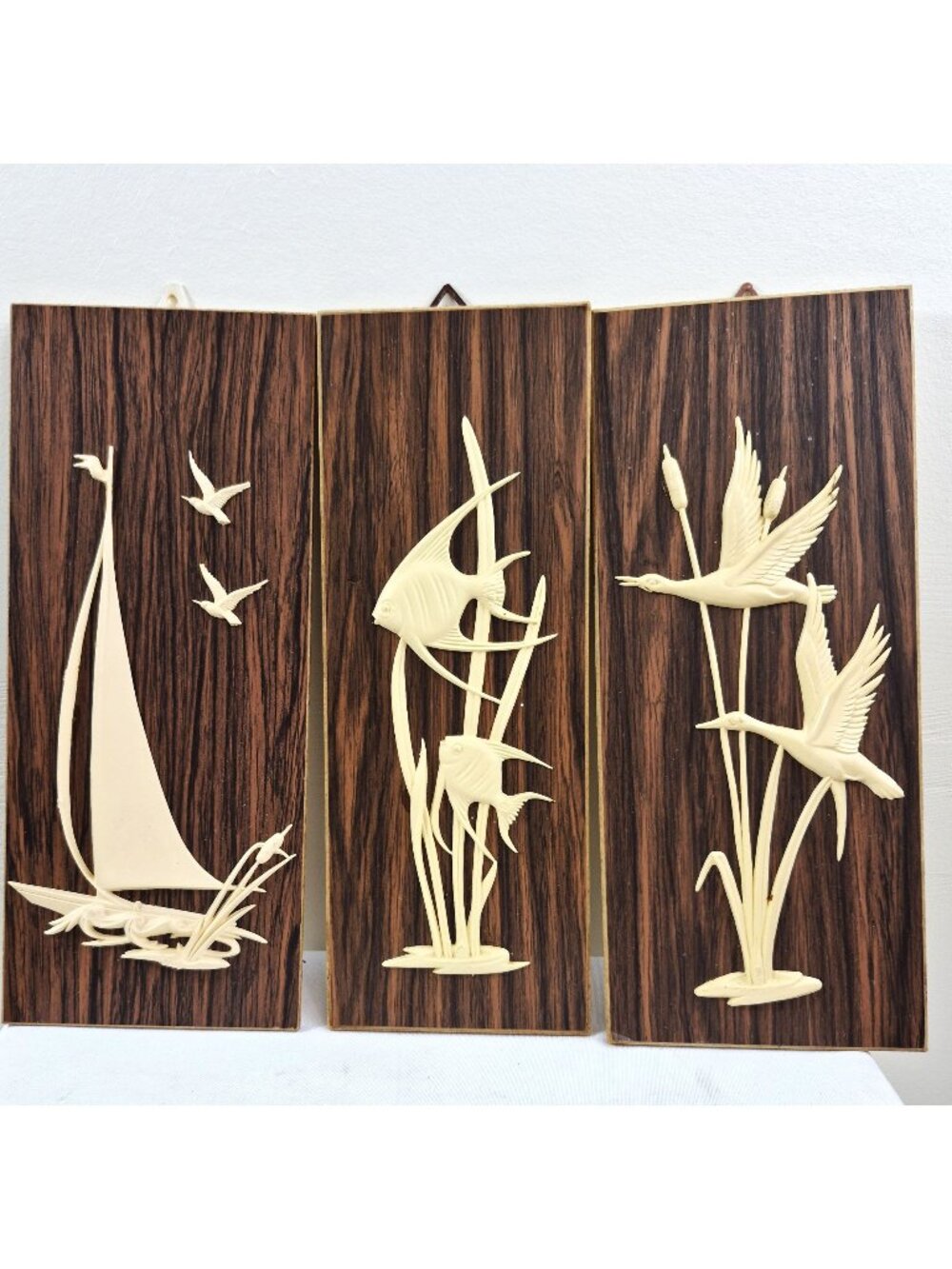 Vintage MCM Set of 3 Western Germany Wall Plaques Sailboat Fish Heron's 10 in